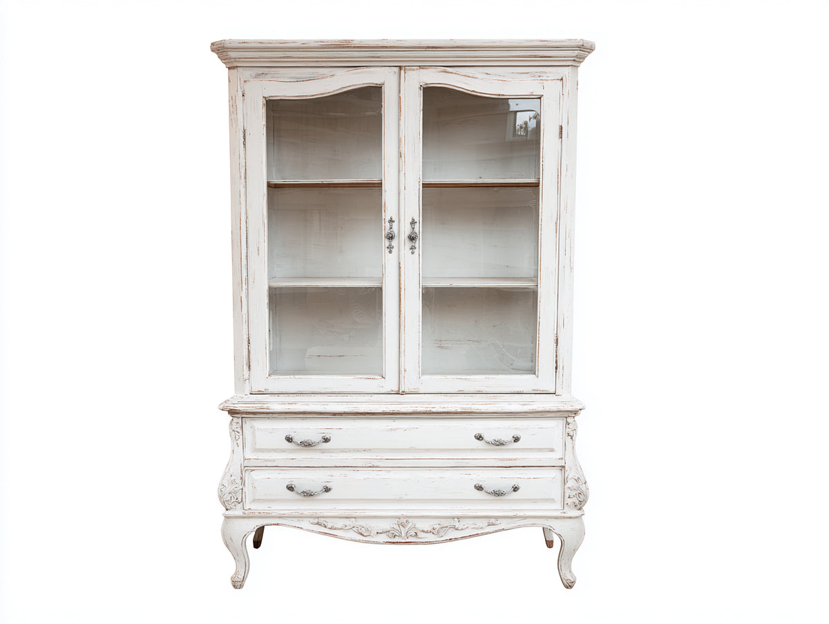 Vetrina - Legno-vetro - 100 x 45 x 180 cm - Bianco anticato - Stile provenzale