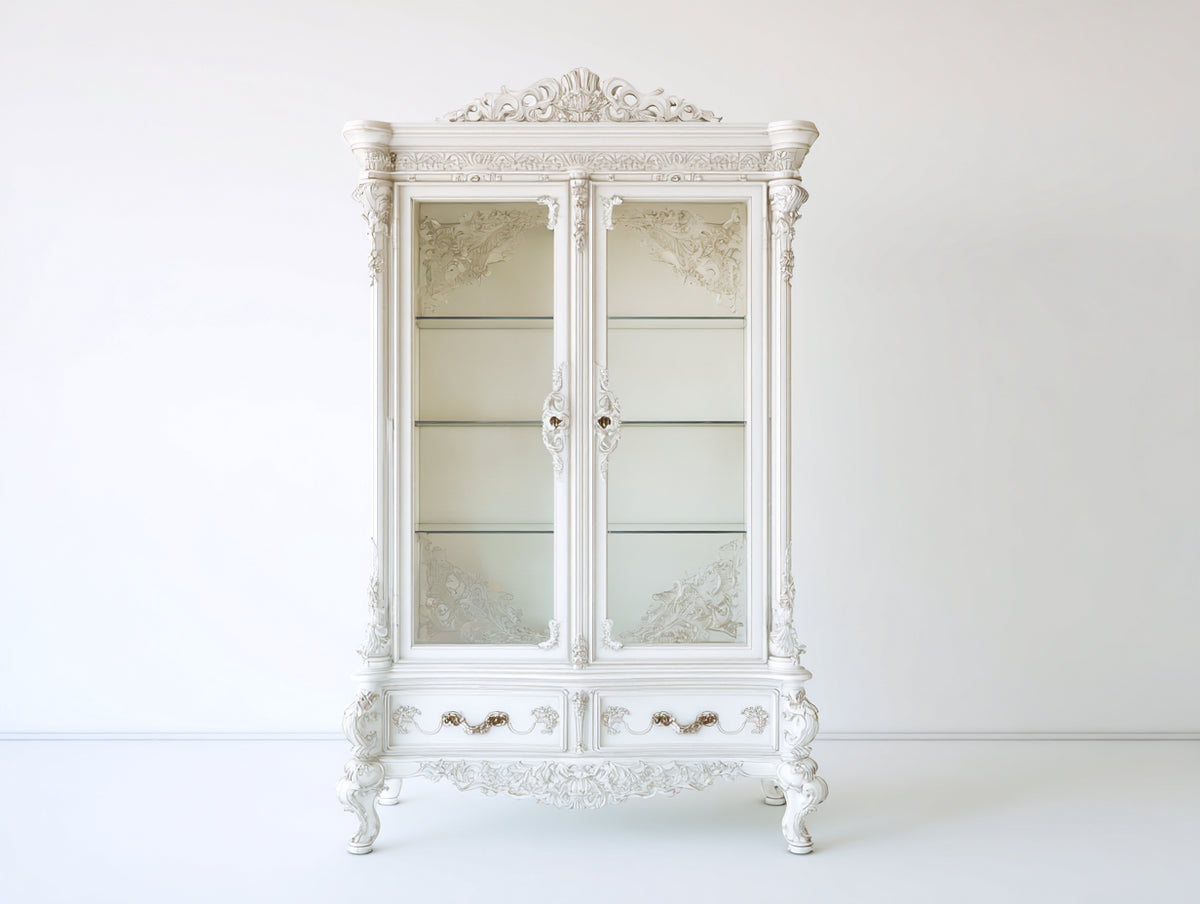 Vetrina - legno-vetro - 109x47x194 cm - bianco avorio - barocco